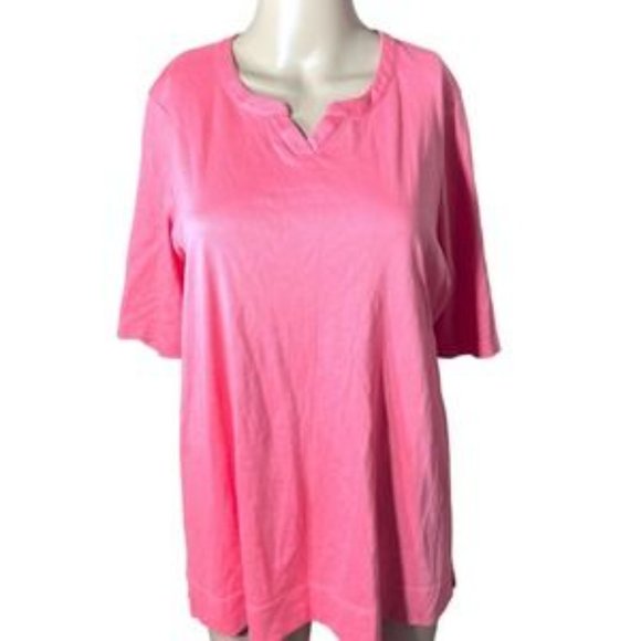 L.L. Bean T-Shirt Women's L Pink Solid 3/4 Sleeve Notch Neck Cotton Basic - Picture 3 of 6